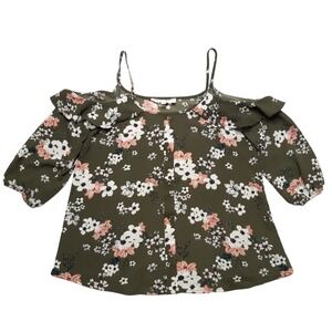 Hippie‎ Rose Top Womens XS Olive Green Button Up Floral Cold Shoulder Ruffle